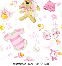 Seamless pattern of pink clothing, bunny toy and stuff it's a girl