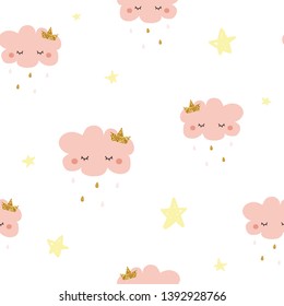 Seamless pattern with pink cloud princess and stars. Baby cute print. Vector hand drawn illustration.