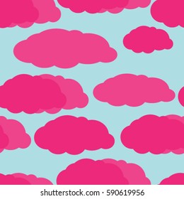 seamless pattern of pink clouds in a flat style on a blue background, vector illustration