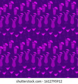 Seamless pattern with pink coctails on purple. Hand drawing sketches for Valentine's Day, can be printed on textile, wallpaper, wrapping paper, greeting cards, used in logo, banner, landing page