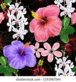 Seamless pattern pink color Hibiscus and white Orchid flowers and leaves on black background.Vector illustration hand drawing.