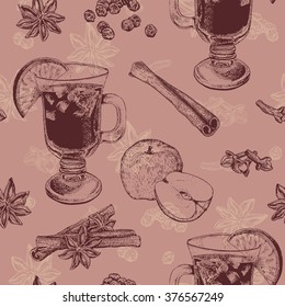 Seamless pattern in pink color with mug of mulled wine