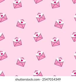 Seamless pattern pink color open envelope with heart isolated on pink background.