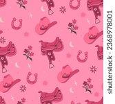 Seamless pattern in pink colors with cowboy hats, saddles and horseshoes. Vector graphics.