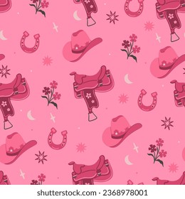 Seamless pattern in pink colors with cowboy hats, saddles and horseshoes. Vector graphics.