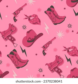 Seamless pattern in pink colors with cowboy hats, saddles and pistols. Vector graphics.