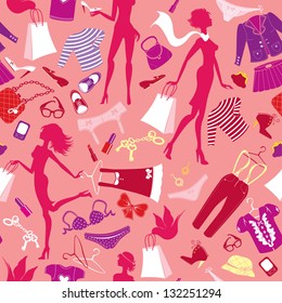 Seamless pattern in pink colors - Silhouettes of fashionable girls with colorful glamor clothes and accessories