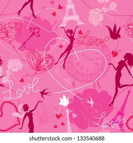 Seamless pattern in pink colors - Silhouettes of fashionable girls, hearts and birds. Love dreams in Paris.