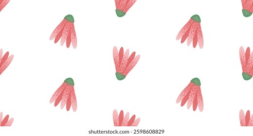 Seamless pattern with pink coneflowers on a white background. Floral template for textile, wallpaper, wrapping paper, and print.