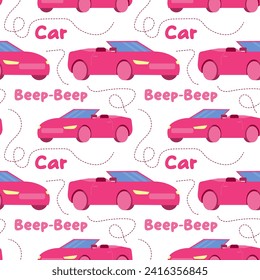 seamless pattern of pink convertible car, classic car. A toy car for a doll. vector illustration. 