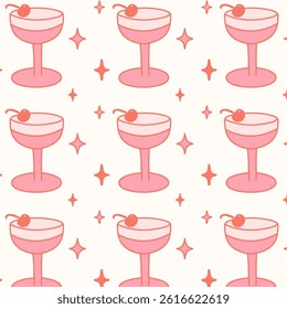 Seamless pattern with pink coquette glasses drink and stars. Girly theme in flat styles. Coquette core cute design. Perfect for fabric design, wallpapers, stationery, wrapping paper.