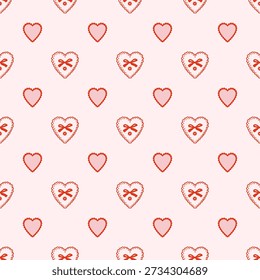 Seamless pattern pink coquette hearts with ribbon bow, lace decoration. Vector romantic repeat background for Valentine's Day, wrapping paper, textiles
