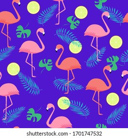 Seamless pattern of Pink and coral flamingos and palm leaves, lemon. purple background Wallpaper.