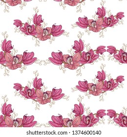 Seamless pattern of pink and coral orchids on a white background.