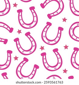 Seamless pattern of Pink core horseshoe on a white background. Cowboy western and wild west theme seamless pattern.