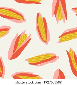Seamless pattern of pink corn, isolated on a beige background. Hand-drawn corn in flat style. Illustration of vegetables. Suitable for illustrating healthy eating, recipes, local farm.