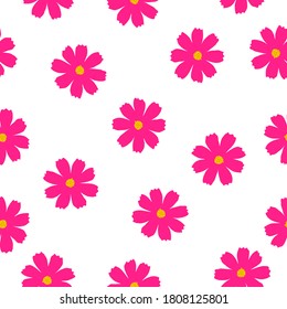 Seamless pattern pink Cosmos flowers isolated on white background. Drawn floral summer print, girls style. Simple kids bright ornament, vector design eps 10