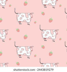 Seamless pattern with pink cow with strawberries. Children's textiles.