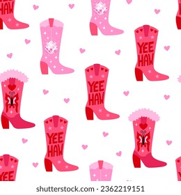 Seamless pattern with pink cowboy boots and hearts. Wild west, western hand drawn vector trendy background. Disco cowgirl concept