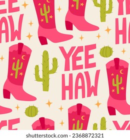 Seamless pattern with pink cowboy boots, cactuses and lettering yeehaw. Vector wild west background