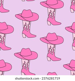 Patrón sin foco con botas y sombreros de vaquero rosados. Fondo de dibujos animados vectoriales con accesorios de vaquera