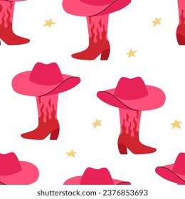 Seamless pattern with pink cowboy boots, hats and stars. Vector flat background with cowgirl accessories