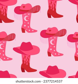 Seamless pattern with pink cowboy boots, hats, moon and stars. Vector flat background with cowgirl accessories