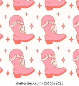 Seamless pattern with pink cowboy boots and stars. Cowgirl theme in flat styles. Coquette core cute design. Perfect for fabric design, wallpapers, stationery, wrapping paper.
