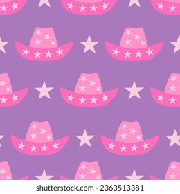 Seamless pattern with pink cowboy hats and stars. Vector flat background