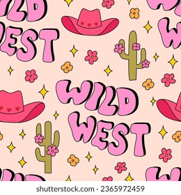 Seamless pattern with pink cowboy hats, cactuses and groovy lettering wild west. Vector background in retro style