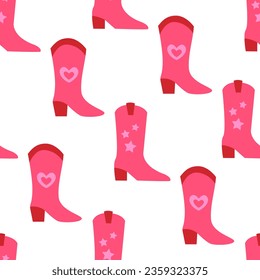 Seamless pattern of pink cowgirl boots with hearts and stars. Wild west, western hand drawn vector trendy background