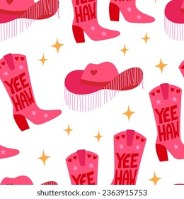 Seamless pattern with pink cowgirl boots and hats. Vector flat background in disco cowboy style. Yeehaw phrase on the boot