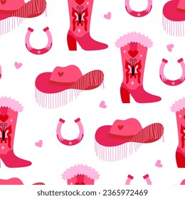 Seamless pattern with pink cowgirl boots, horseshoes and hats. Vector flat background in disco cowboy style