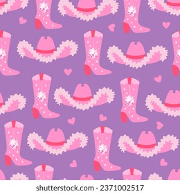 Seamless pattern with pink cowgirl boots and hats. Vector flat background in disco cowboy 1960s style