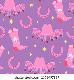 Seamless pattern with pink cowgirl boots, horseshoes and hats. Vector flat background in disco cowboy 1960s style