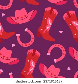 Seamless pattern with pink cowgirl boots, horseshoes and hats. Vector flat background in disco cowboy style