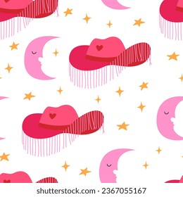 Seamless pattern of pink cowgirl hat with fringe, moon and stars. Magical and fantasy vector background