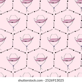 Seamless pattern with pink cowgirl hats and pink matchsticks. Cowgirl hat pattern.