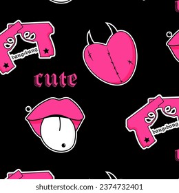 Seamless pattern with Pink crossed pistols, guns, heart, lips. Black Emo Goth background. Gothic aesthetic in y2k, 90s, 00s and 2000s style. Vector illustration