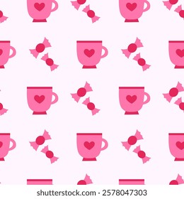 Seamless Pattern with pink cup and candy. Valentine day. Vector flat illustration.