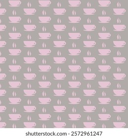 seamless pattern with pink cup of coffee on creamy beige background,cute cup of latte