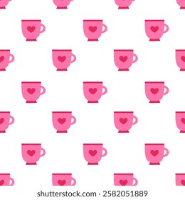 Seamless Pattern with pink cup with heart. Valentine day. Vector flat illustration.