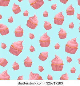 Seamless pattern with pink cupcake on blue background. EPS10 vector illustration
