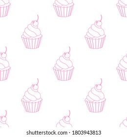 A seamless pattern with pink cupcake outline. Birthday background. Pastry pattern.