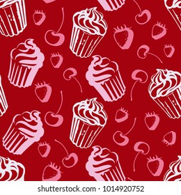 Seamless pattern with pink cupcake, strawberry and cherry.