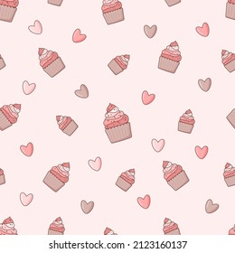 Seamless pattern of pink cupcakes