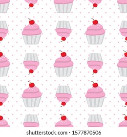 Seamless pattern with pink cupcakes and cherries on polka dots background