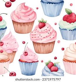 Seamless Pattern Of Pink Cupcakes And Cherries. Vector Illustration Of Pink Cupcakes And Cherries