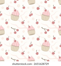 Padrão contínuo de cupcakes cor-de-rosa com cerejas e flores em um fundo claro