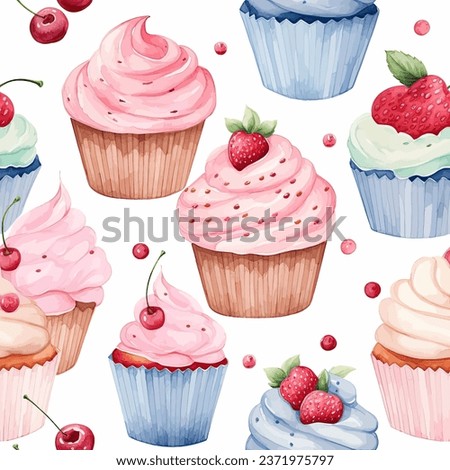Seamless Pattern Of Pink Cupcakes And Cherries. Vector Illustration Of Pink Cupcakes And Cherries